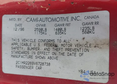 1997 Geo Metro z USA, uszkodzony, nr VIN 2C1MR2269V6728738